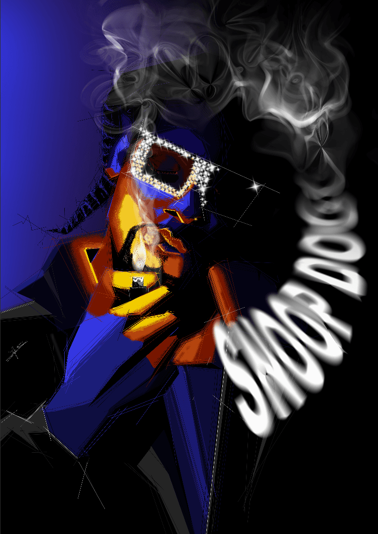 Portrait de Snoop Dogg, lunettes serties de strass, fumée dessinant son nom, sur fond bleu et orange.