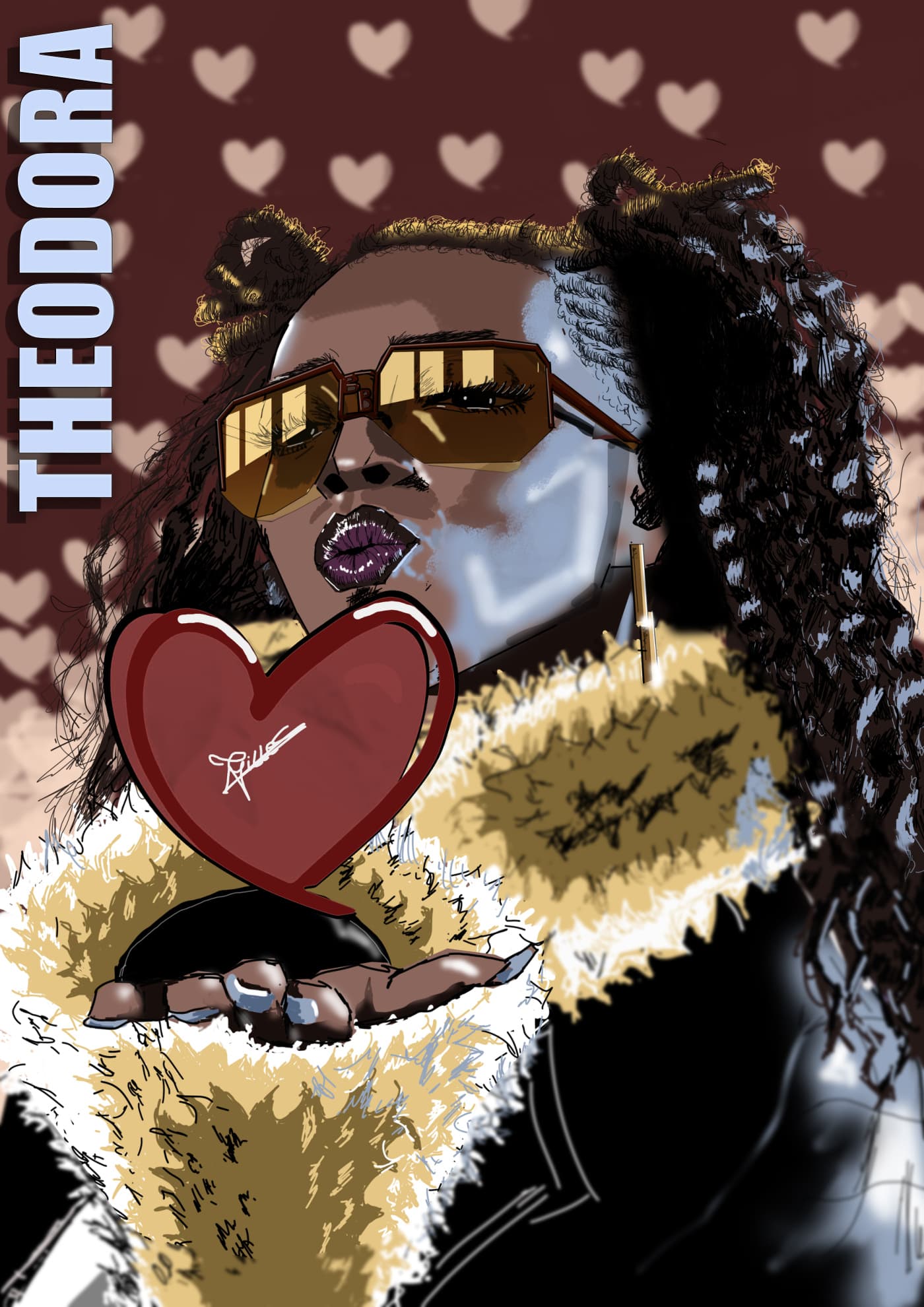 Illustration « Theodora » : portrait de femme aux lunettes dorées tenant un cœur rouge, sur fond bordeaux parsemé de cœurs