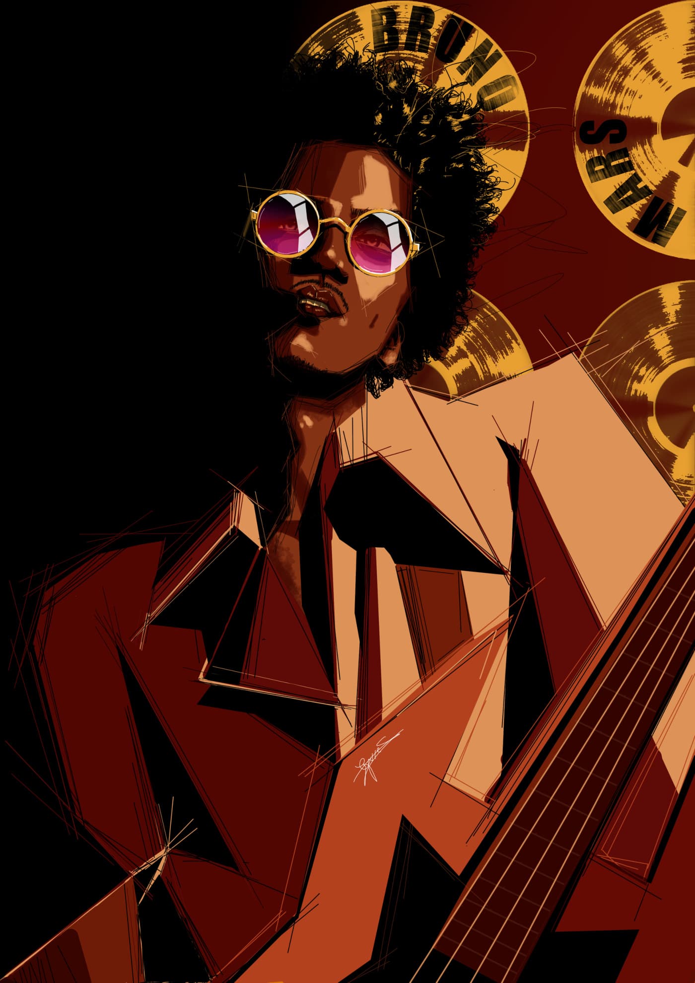 Illustration « Bruno » : portrait d'un musicien aux lunettes rondes dorées, composition rouge et noire avec disques d'or en arrière-plan